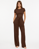 Lynda | Women's Crew Neck Short Sleeve Pajama Set with Drawstring Wide Leg Pants