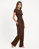Lynda | Women's Crew Neck Short Sleeve Pajama Set with Drawstring Wide Leg Pants