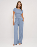 Lynda | Women's Crew Neck Short Sleeve Pajama Set with Drawstring Wide Leg Pants