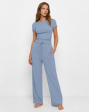 Lynda | Women's Crew Neck Short Sleeve Pajama Set with Drawstring Wide Leg Pants