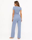 Lynda | Women's Crew Neck Short Sleeve Pajama Set with Drawstring Wide Leg Pants