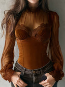 Madilyn | Women's Lace Long Sleeve Sheer Corset Top Evening High Neck Lace