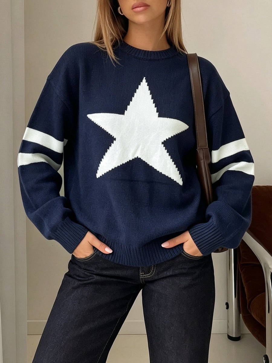 Maelle | Women's Crew Neck Long Sleeve Contrast Stripe Star Knit Sweater