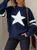 Maelle | Women's Crew Neck Long Sleeve Contrast Stripe Star Knit Sweater