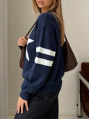 Maelle | Women's Crew Neck Long Sleeve Contrast Stripe Star Knit Sweater