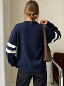 Maelle | Women's Crew Neck Long Sleeve Contrast Stripe Star Knit Sweater