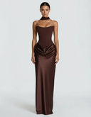 Mairead | Women's Strapless Sweetheart Neck Scarf Detail Draped Satin Maxi Dress