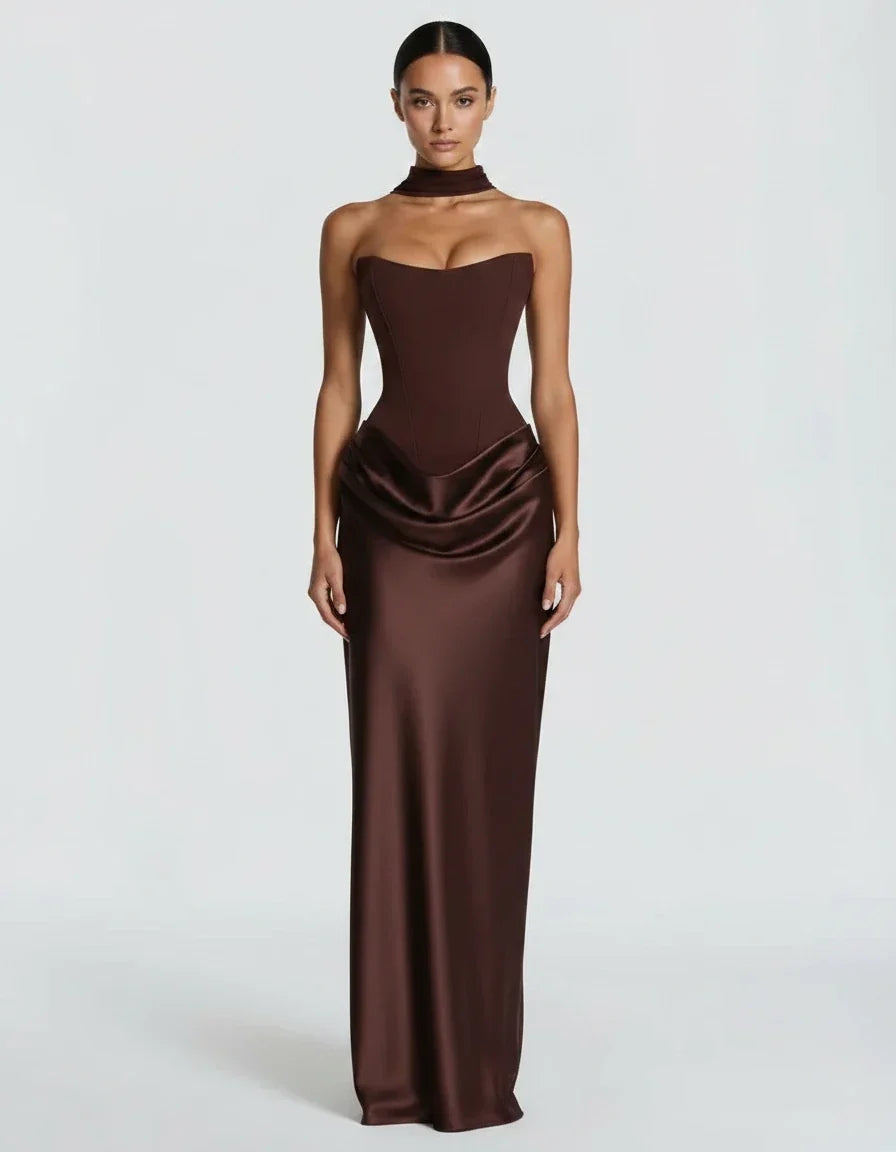 Mairead | Women's Strapless Sweetheart Neck Scarf Detail Draped Satin Maxi Dress