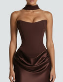 Mairead | Women's Strapless Sweetheart Neck Scarf Detail Draped Satin Maxi Dress