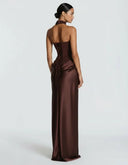 Mairead | Women's Strapless Sweetheart Neck Scarf Detail Draped Satin Maxi Dress