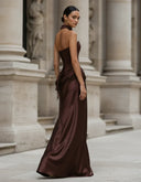 Mairead | Women's Strapless Sweetheart Neck Scarf Detail Draped Satin Maxi Dress
