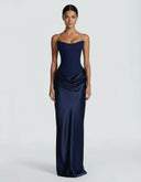 Mairead | Women's Strapless Sweetheart Neck Scarf Detail Draped Satin Maxi Dress