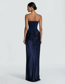 Mairead | Women's Strapless Sweetheart Neck Scarf Detail Draped Satin Maxi Dress