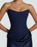 Mairead | Women's Strapless Sweetheart Neck Scarf Detail Draped Satin Maxi Dress