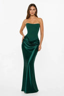 Mairead | Women's Strapless Sweetheart Neck Scarf Detail Draped Satin Maxi Dress