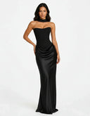 Mairead | Women's Strapless Sweetheart Neck Scarf Detail Draped Satin Maxi Dress