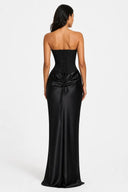 Mairead | Women's Strapless Sweetheart Neck Scarf Detail Draped Satin Maxi Dress