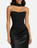 Mairead | Women's Strapless Sweetheart Neck Scarf Detail Draped Satin Maxi Dress