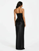 Mairead | Women's Strapless Sweetheart Neck Scarf Detail Draped Satin Maxi Dress