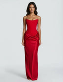 Mairead | Women's Strapless Sweetheart Neck Scarf Detail Draped Satin Maxi Dress