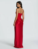 Mairead | Women's Strapless Sweetheart Neck Scarf Detail Draped Satin Maxi Dress