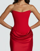 Mairead | Women's Strapless Sweetheart Neck Scarf Detail Draped Satin Maxi Dress