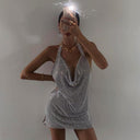 Makenzie | Women's Party Halter Cowl Neck Open Back Rhinestone Mini Dress