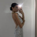 Makenzie | Women's Party Halter Cowl Neck Open Back Rhinestone Mini Dress