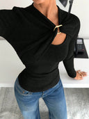Malaysia | Women's Casual Long Sleeve Ribbed Cutout Knit Top