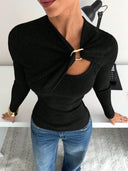 Malaysia | Women's Casual Long Sleeve Ribbed Cutout Knit Top