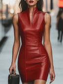 Maleah | Women's Stand Collar Sleeveless Front Notch Glossy Mini Dress