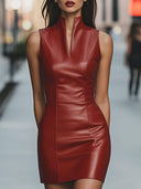 Maleah | Women's Stand Collar Sleeveless Front Notch Glossy Mini Dress