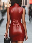 Maleah | Women's Stand Collar Sleeveless Front Notch Glossy Mini Dress