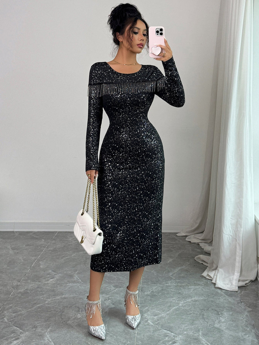 Maliyah | Women's Round Neck Long Sleeve Beaded Fringe Glitter Midi Dress