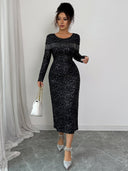 Maliyah | Women's Round Neck Long Sleeve Beaded Fringe Glitter Midi Dress