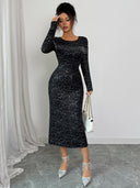 Maliyah | Women's Round Neck Long Sleeve Beaded Fringe Glitter Midi Dress