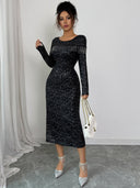 Maliyah | Women's Round Neck Long Sleeve Beaded Fringe Glitter Midi Dress