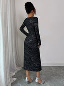 Maliyah | Women's Round Neck Long Sleeve Beaded Fringe Glitter Midi Dress