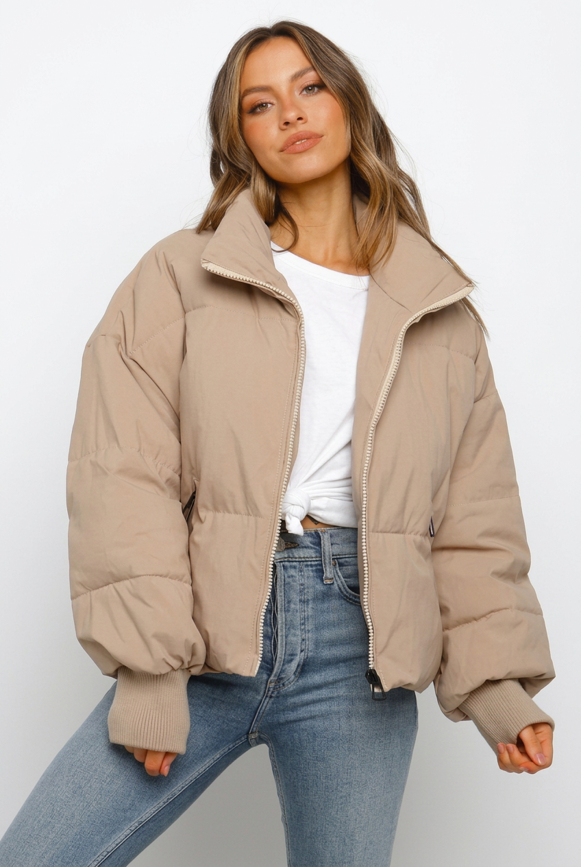 Marcy | Women's Zip Front Ribbed Cuffs Cropped Puffer Jacket