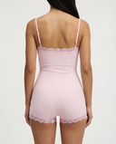 Margaret | Women's Scoop Neck Lace Trim Spaghetti Strap Romper