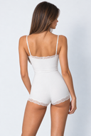 Margaret | Women's Scoop Neck Lace Trim Spaghetti Strap Romper