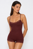 Margaret | Women's Scoop Neck Lace Trim Spaghetti Strap Romper