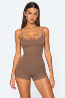 Margaret | Women's Scoop Neck Lace Trim Spaghetti Strap Romper