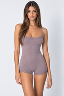 Margaret | Women's Scoop Neck Lace Trim Spaghetti Strap Romper