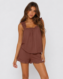 Maricela | Women's Square Neck Ruffle Trim Sleeveless Pajama Set with Shorts