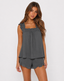 Maricela | Women's Square Neck Ruffle Trim Sleeveless Pajama Set with Shorts