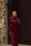 Mariela | Women's High Neck Long Sleeve Side Cutouts Ruched Maxi Dress