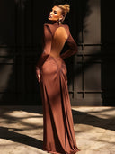 Mariela | Women's High Neck Long Sleeve Side Cutouts Ruched Maxi Dress