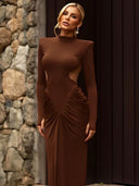 Mariela | Women's High Neck Long Sleeve Side Cutouts Ruched Maxi Dress