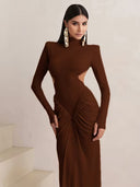 Mariela | Women's High Neck Long Sleeve Side Cutouts Ruched Maxi Dress
